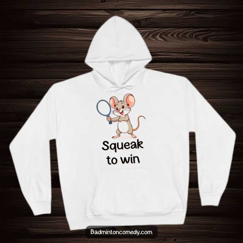 Funny mouse about to smash a shuttlecock with a racket on a hoodie, showing power and fun.
