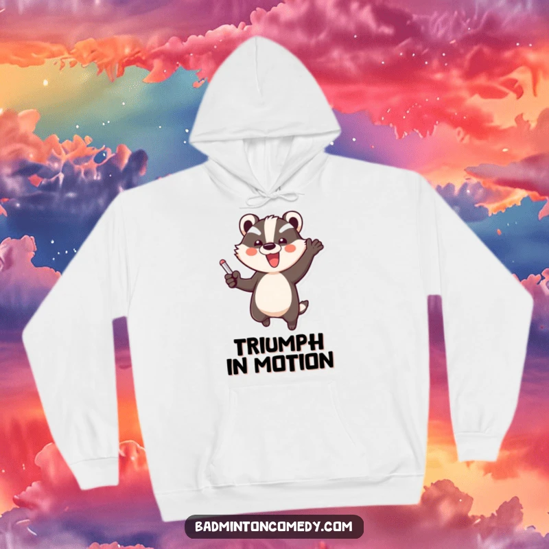 Funny Badger Celebration Hoodie: A happy badger is shown in a dynamic, triumphant jump, celebrating a hard-earned point in badminton.