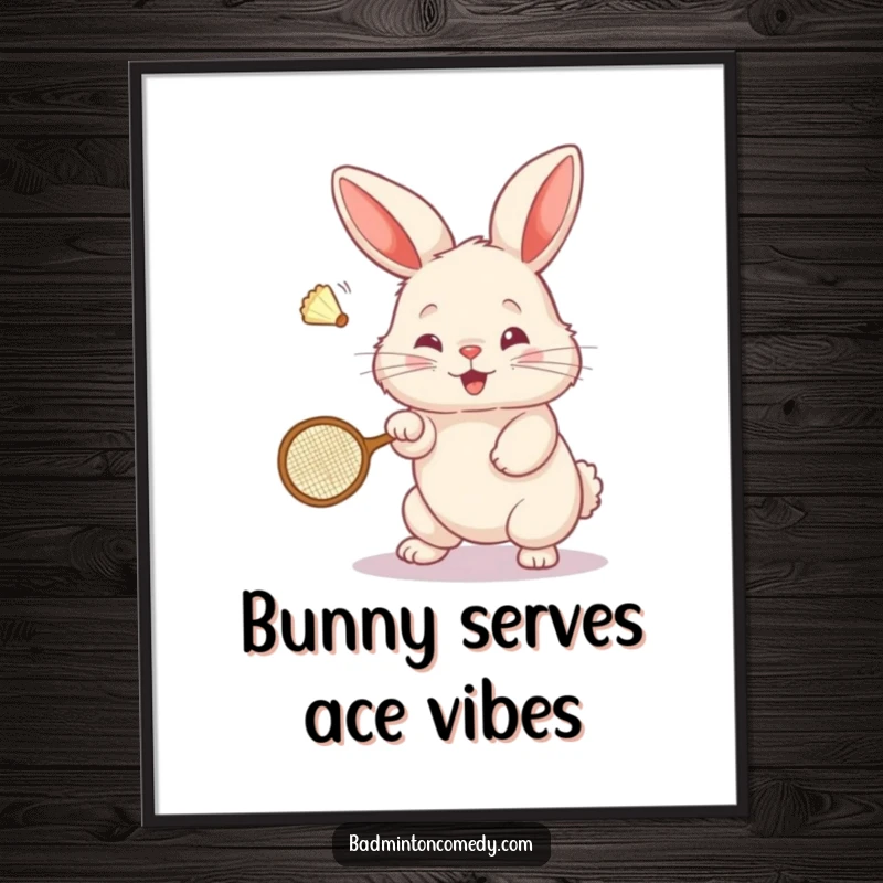 Funny Free Printable Wall Art: A fluffy bunny energetically hitting a shuttlecock with a tiny racket.
