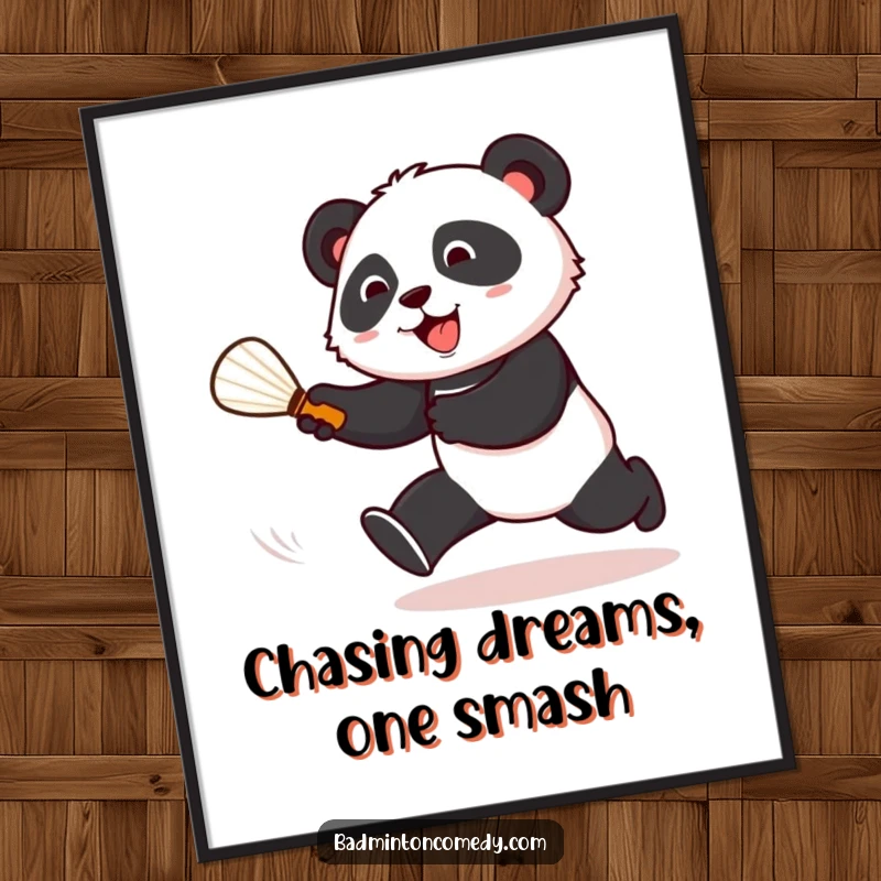 Funny Free Printable panda joyfully chasing a shuttlecock across a badminton court, printable wall art.