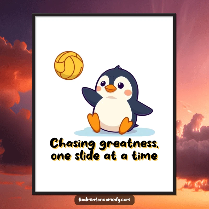 Funny Free Printable Wall Art: A comical penguin character sliding energetically on a court, attempting to reach a volley.