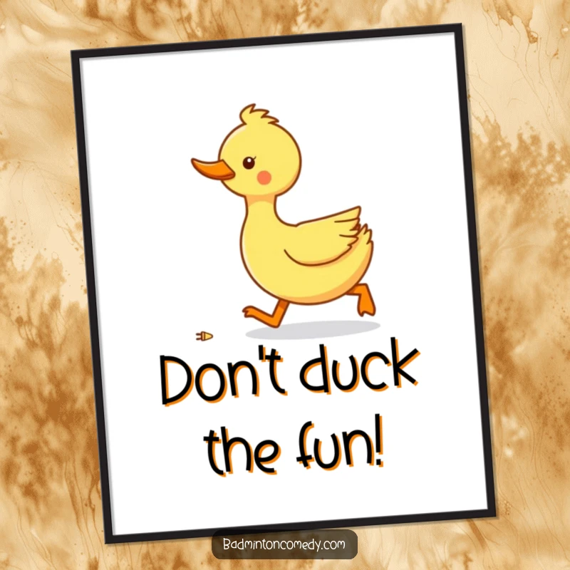 Funny Free Printable Wall Art: A determined waddle duck hurrying towards a shuttlecock, humorous downloadable wall decor.