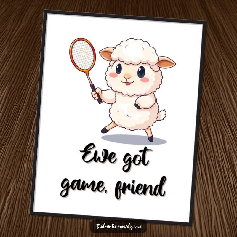 Funny Free Printable Wall Art: A fluffy sheep with a determined expression plays badminton, focused on the shuttlecock.