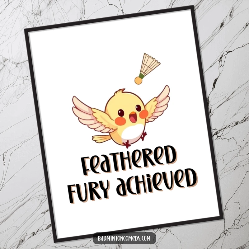 Funny Free Printable Wall Art: A tiny bird excitedly fluttering after a shuttlecock, whimsical downloadable wall decor.