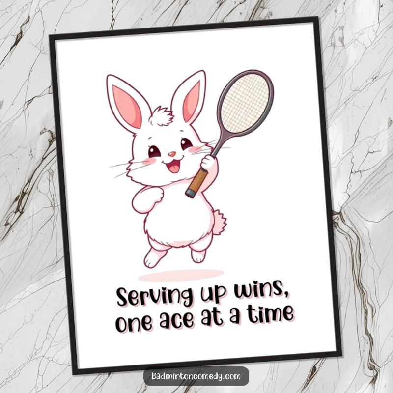 Funny Free Printable Wall Art: A fluffy bunny in mid-swing with a badminton racket, exuding pure, enthusiastic joy.