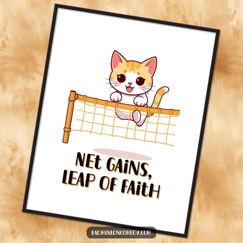 Funny Free Printable Wall Art: A determined cat character showcasing impressive agility by jumping over a net, full of energy.