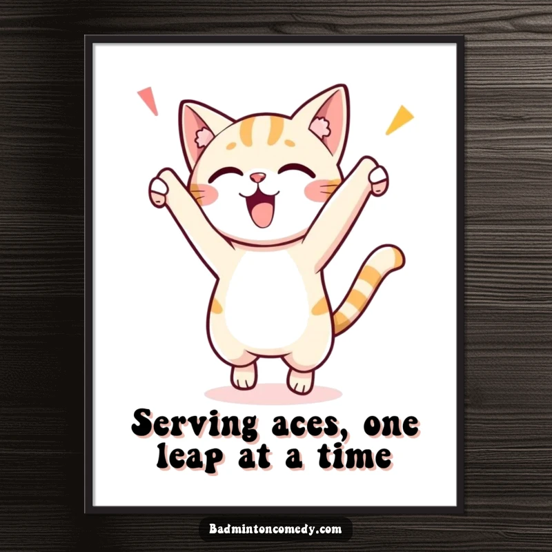Funny Free Printable Wall Art: A small cat character triumphantly celebrating a point with an enthusiastic, mid-air jump.