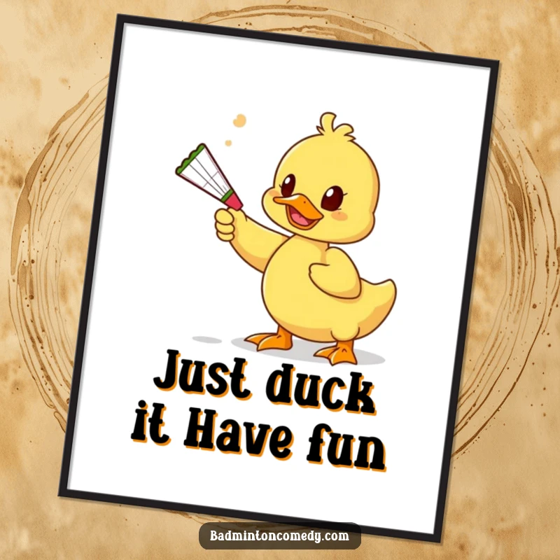 Funny Free Printable Wall Art: Duck Playfully Batting a Shuttlecock with a Squeaky Toy.