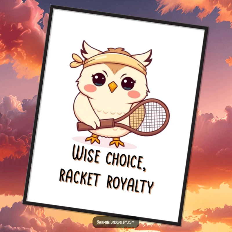 Funny Free Printable Wall Art: Smiling owl in headband holding tennis racket, ready for a match.