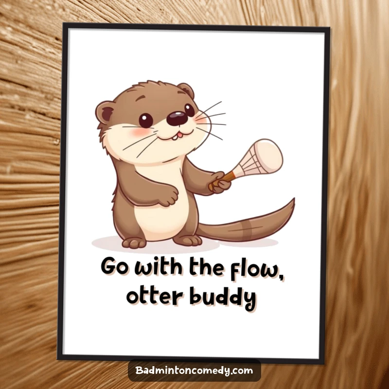 Funny Free Printable Wall Art: Curious otter batting a shuttlecock with a tiny racket, bringing playful charm to decor.
