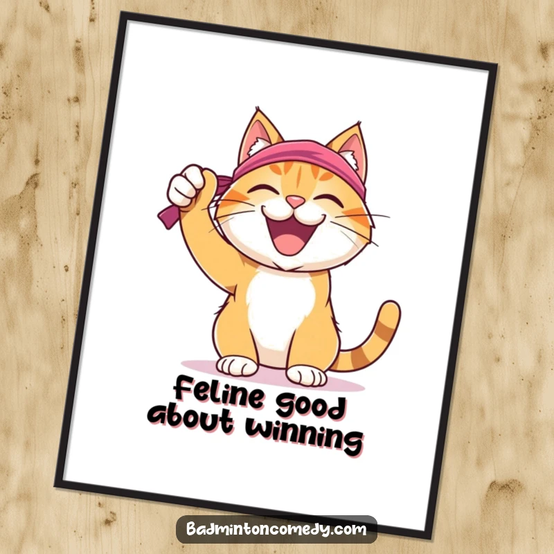 Funny Free Printable Wall Art of a joyful cat wearing a sweatband, triumphantly celebrating a successful badminton shot.