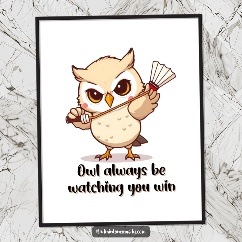 Funny Free Printable Wall Art of a determined owl character intensely focused on accurately striking a badminton shuttlecock.
