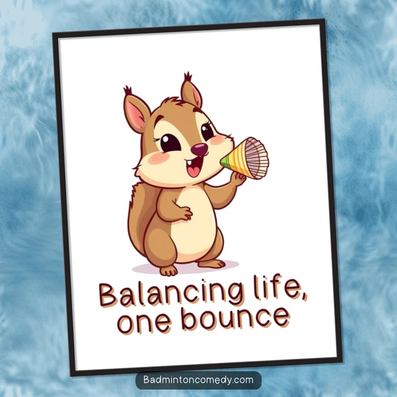 Funny free printable wall art of a joyful squirrel with a wide smile, skillfully balancing a shuttlecock on the tip of its nose.