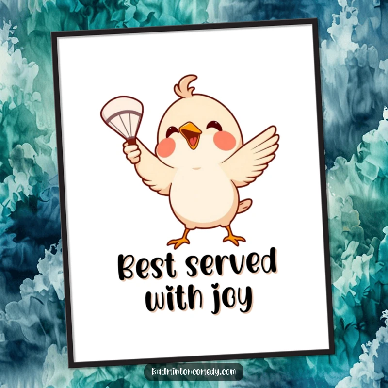 Funny Free Printable Wall Art: A small bird enthusiastically serves a shuttlecock with its beak, radiating happiness.