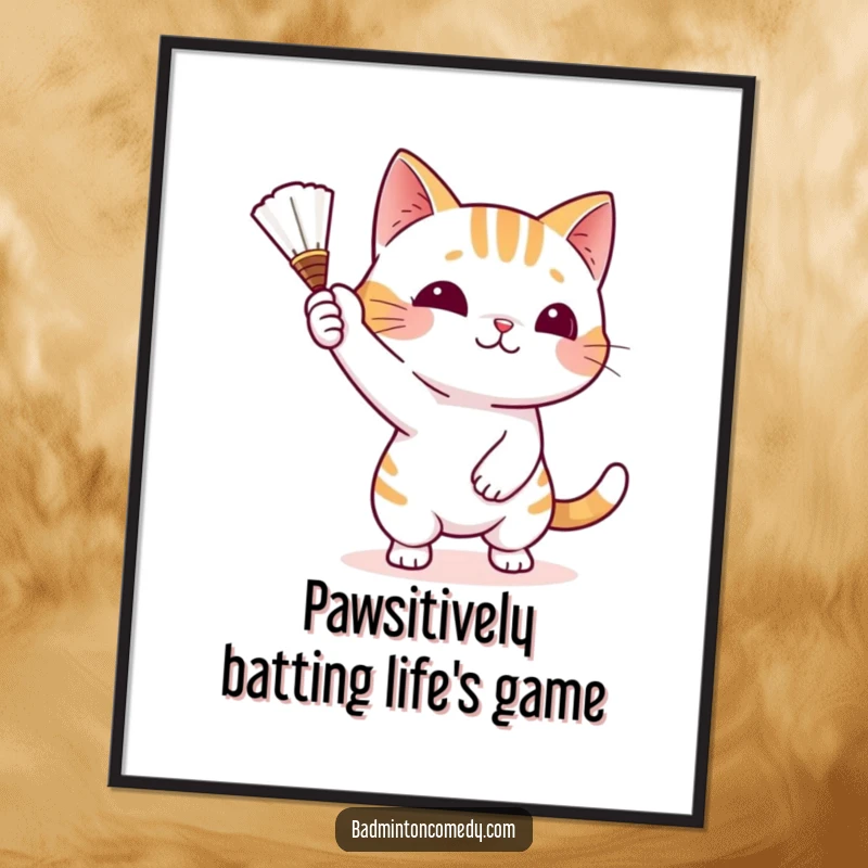 Funny free printable wall art of a playful cat batting a shuttlecock with its paw, captured mid-action with a mischievous grin.