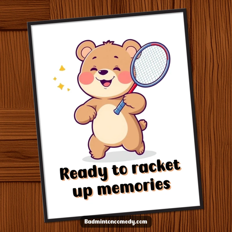 Funny free printable wall art of a joyous bear character energetically swinging a badminton racket with a determined and happy expression.