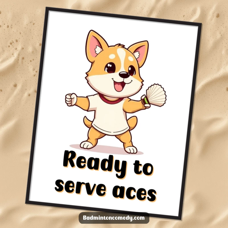 Funny Free Printable Wall Art: Athletic dog in mid-smash with a shuttlecock, capturing dynamic humor and sportiness.