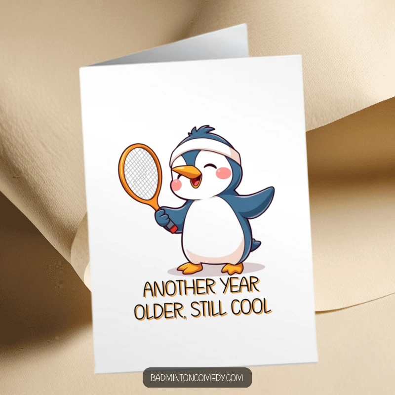 Funny Free Printable Birthday Card: Enthusiastic penguin in headband swings tennis racket joyfully.