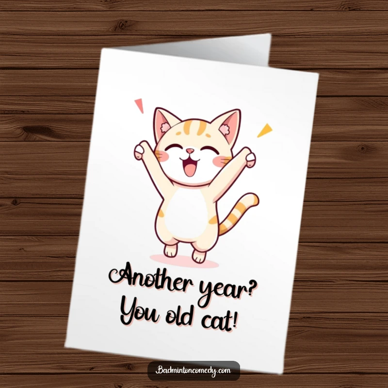 Funny Free Printable Birthday Card: Joyful cat leaping mid-air celebrating a birthday point with pure excitement.