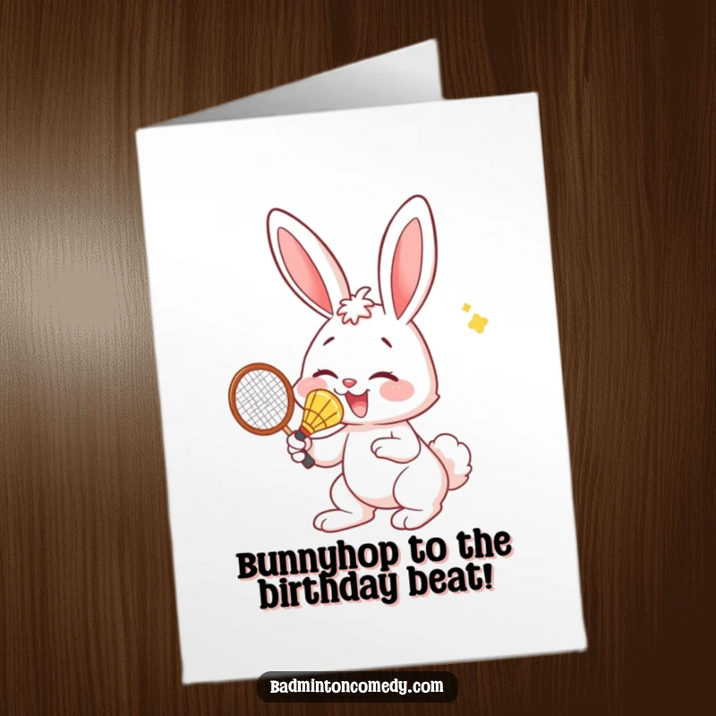 Funny Free Printable Birthday Card featuring a bunny nose-smashing a badminton shuttlecock with pure joy.