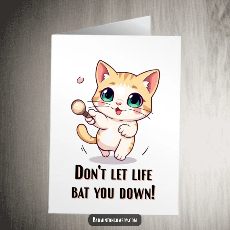 Funny Free Printable Birthday Card: Wide-eyed cat comically dodging a fast shuttlecock, perfect for a playful birthday message.