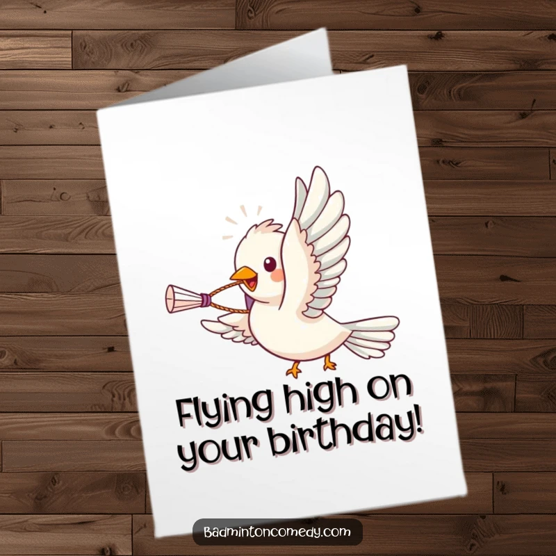 Funny Free Printable Birthday Card: Bird soaring gracefully with a shuttlecock held in its beak, delivering joy.
