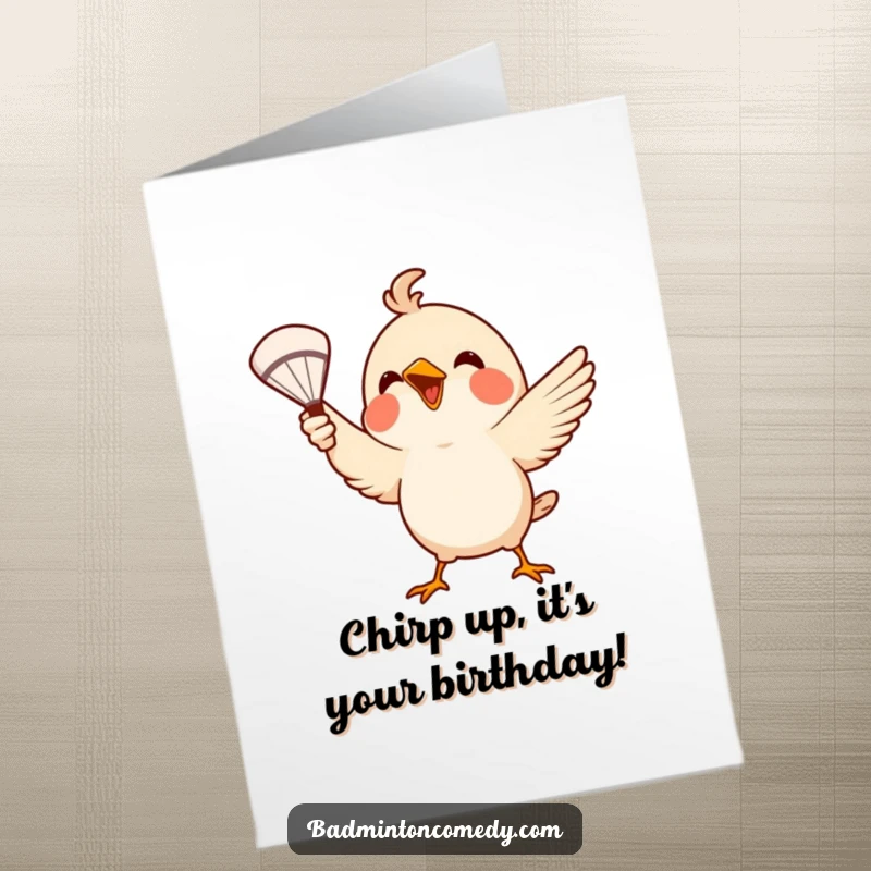 Funny Free Printable Birthday Card: A small bird excitedly serves a shuttlecock with its beak, beaming with joy.