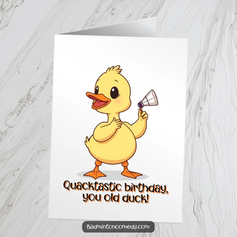 Funny Free Printable Birthday Card: Determined duckling ready to smash a shuttlecock, ready for a birthday celebration.