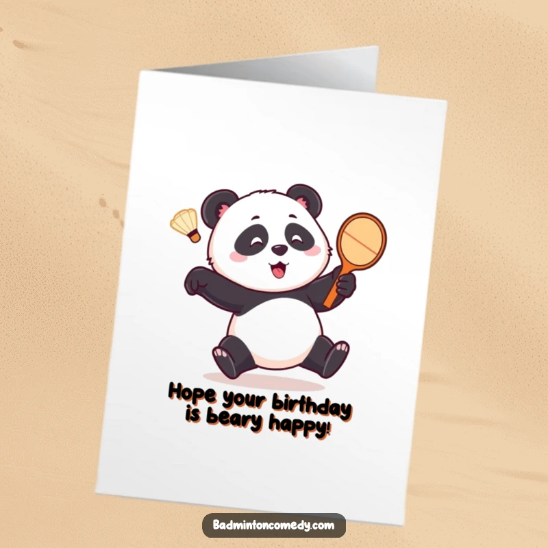 Funny Free Printable Birthday Card: Playful panda comically chasing a shuttlecock with a racket, ready for birthday fun.