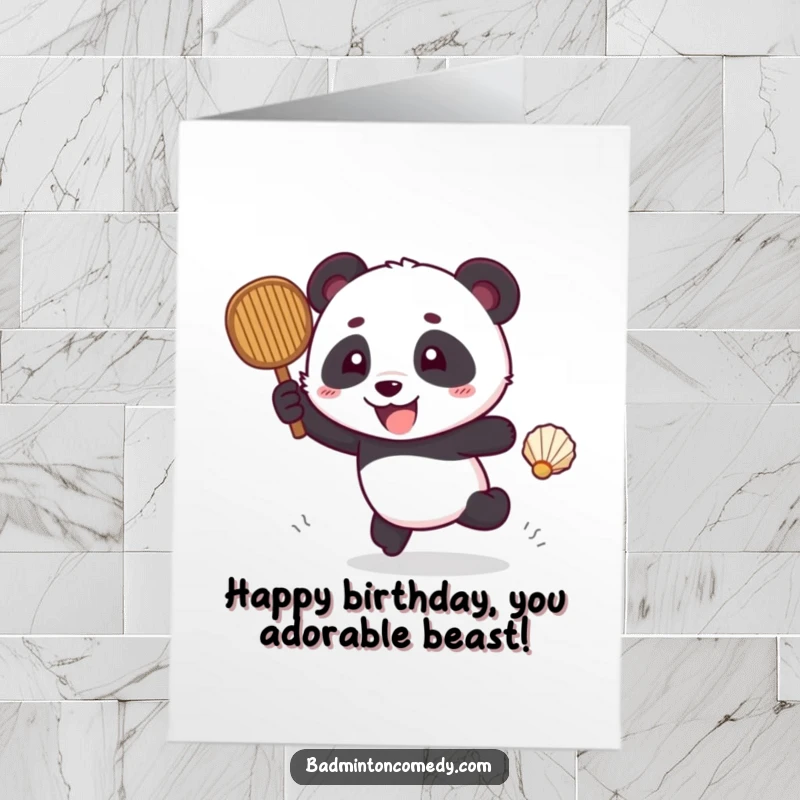 Funny Free Printable Birthday Card: A playful panda excitedly chasing a shuttlecock across a tennis court, mid-game.