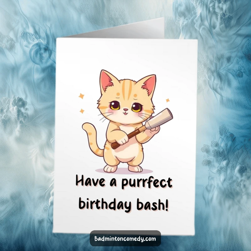 Funny Free Printable Birthday Card: A cool cat striking an artistic pose after executing a powerful tennis smash.