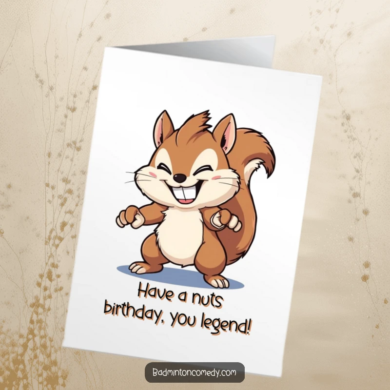 Funny Free Printable Birthday Card: Fluffy squirrel with a wide grin, attempting a powerful smash for a birthday.