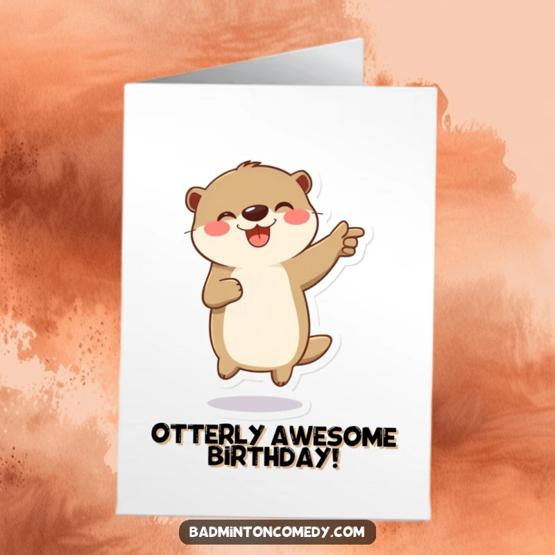 Funny Free Printable Birthday Card: Playful otter character jumping joyfully, celebrating a point.