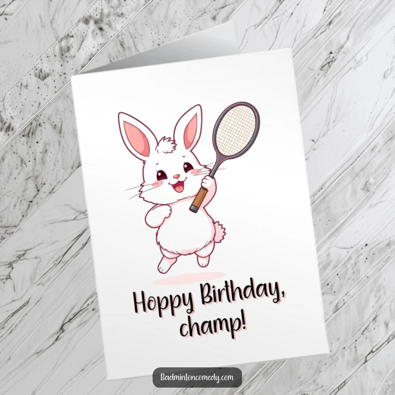 Funny Free Printable Birthday Card: Enthusiastic bunny swinging a badminton racket, ready to serve birthday wishes with a grin.