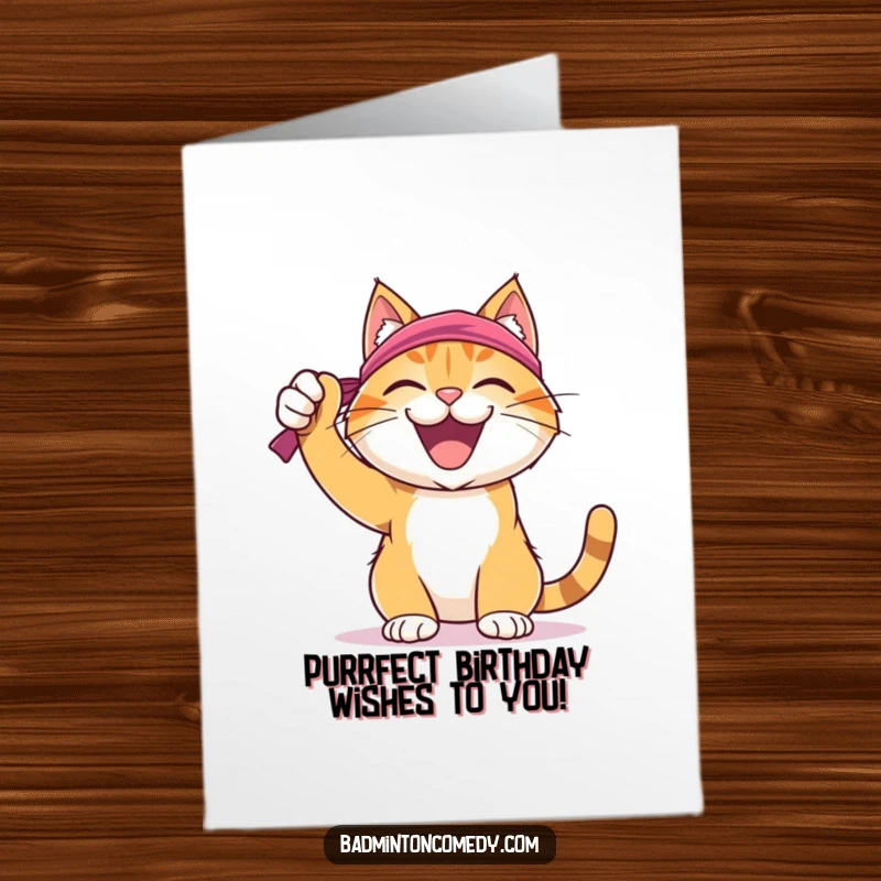 Funny Free Printable Birthday Card featuring a joyful cat wearing a sweatband, celebrating a successful badminton shot.