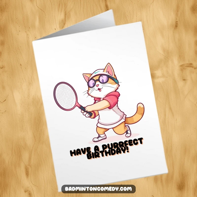 Funny Free Printable cat in athletic gear swinging a badminton racket with enthusiasm on a birthday card.