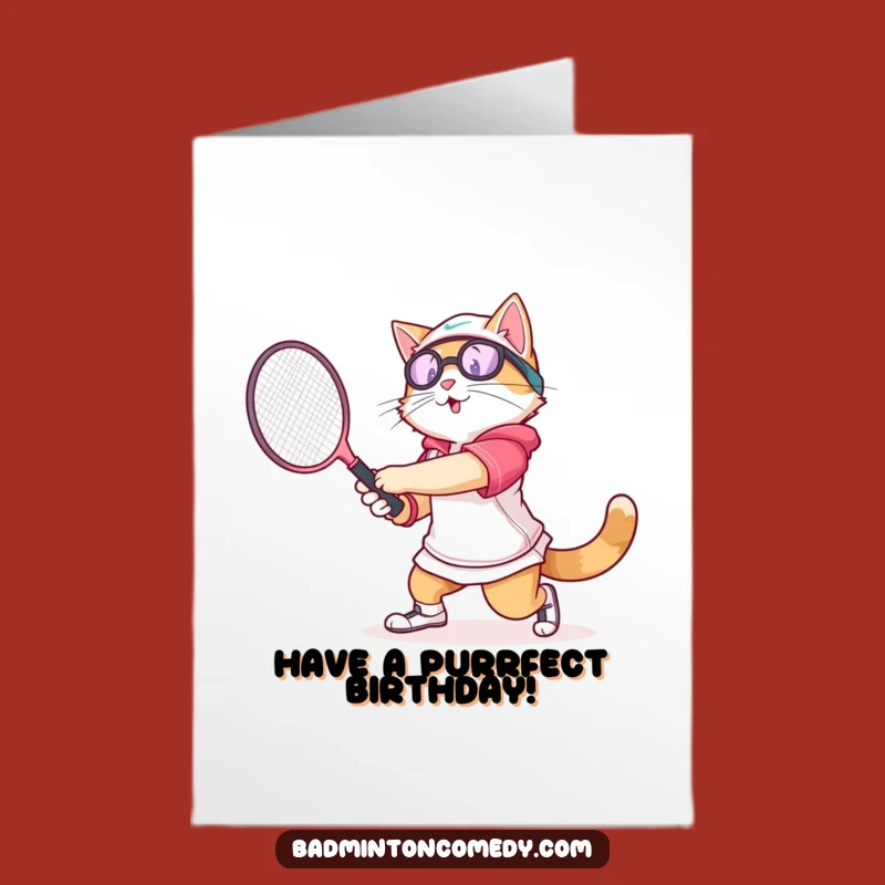 Free Printable Cat Birthday Card: Funny Badminton Swing Downloadable Gift