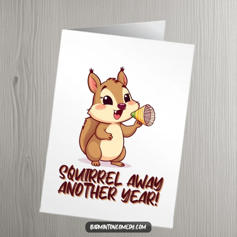 Funny free printable birthday card showing a delighted squirrel expertly balancing a shuttlecock on its nose with a huge smile.