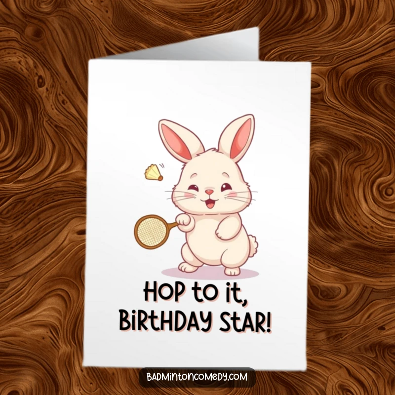Funny Free Printable Bunny Birthday Card: A fluffy bunny playfully smashes a shuttlecock with a tiny racket.