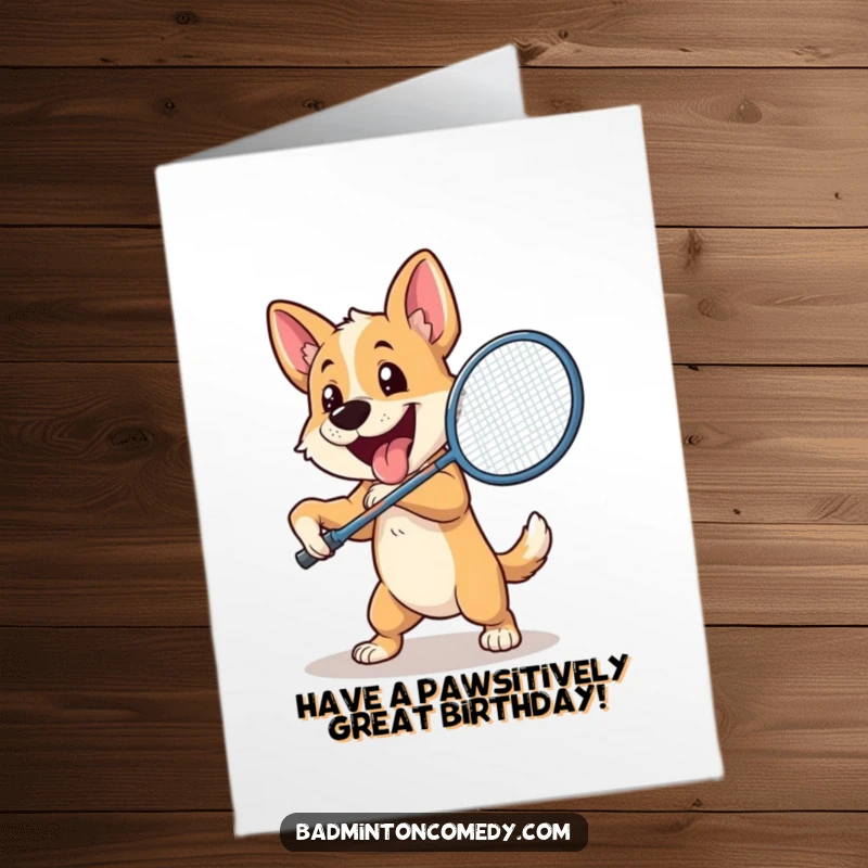 Funny Free Printable Birthday Card: A cheerful dog enthusiastically swinging a badminton racket, ready to play.