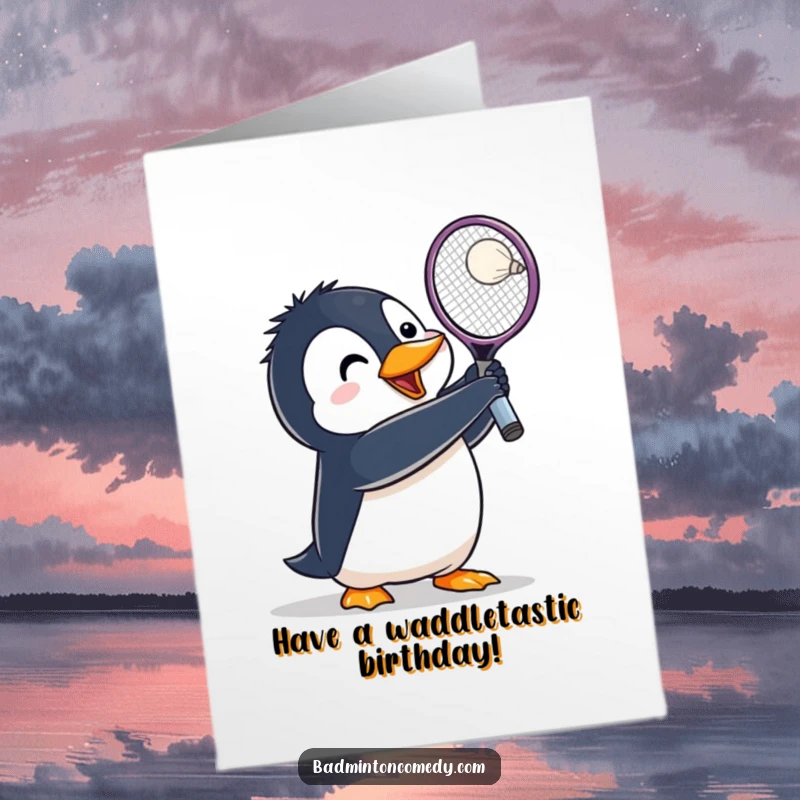 Funny Free Printable Birthday Card: A penguin character lunging with a badminton racket raised high to hit a shuttlecock.