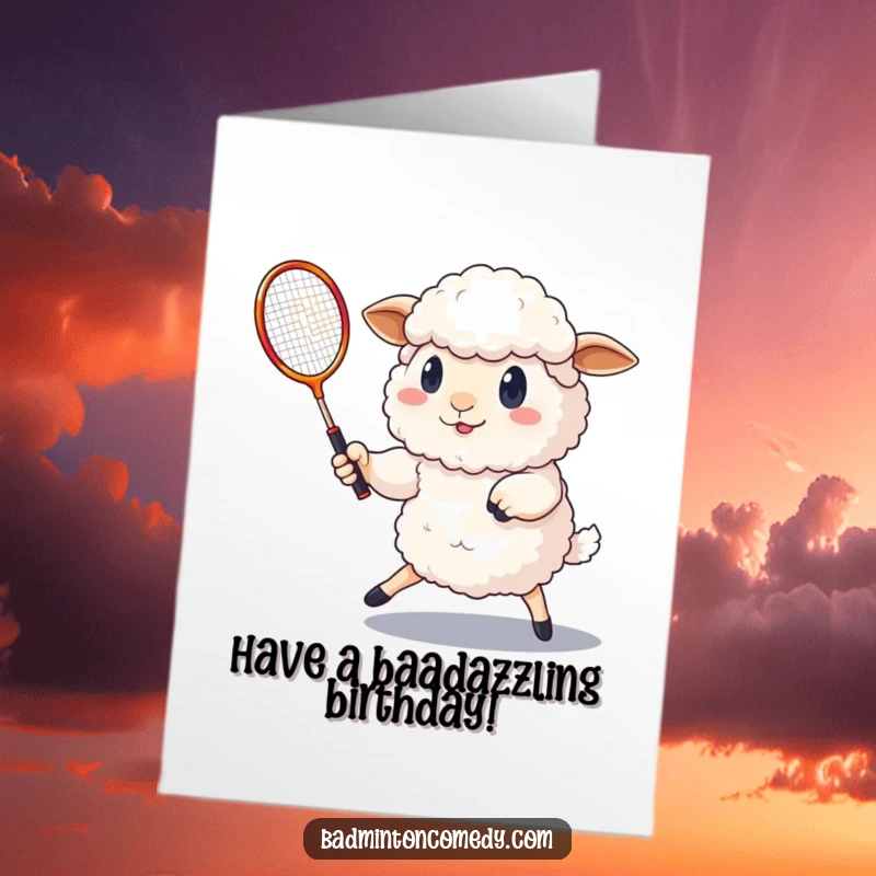 Funny Free Printable Birthday Card: A fluffy sheep intensely focuses on playing badminton with a racket and shuttlecock.