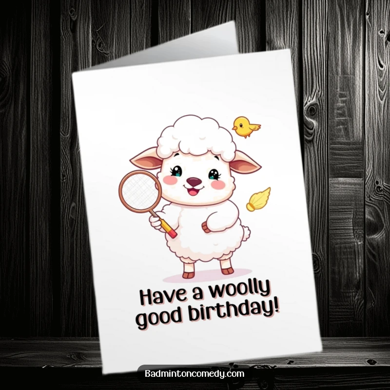 Funny Free Printable Birthday Card: A fluffy sheep happily serves a badminton birdie with a wide smile.