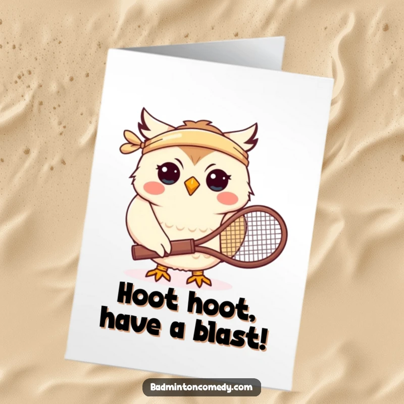 Funny Free Printable Birthday Card: Smiling owl in headband holding tennis racket ready to play.