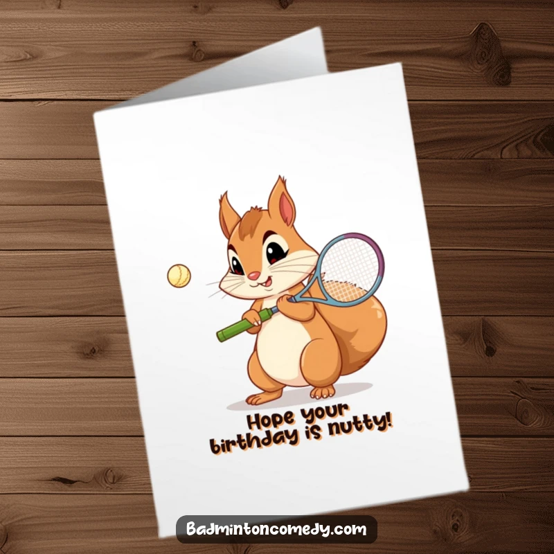 Funny Free Printable Birthday Card showing a curious squirrel concentrating hard while practicing its badminton serve.