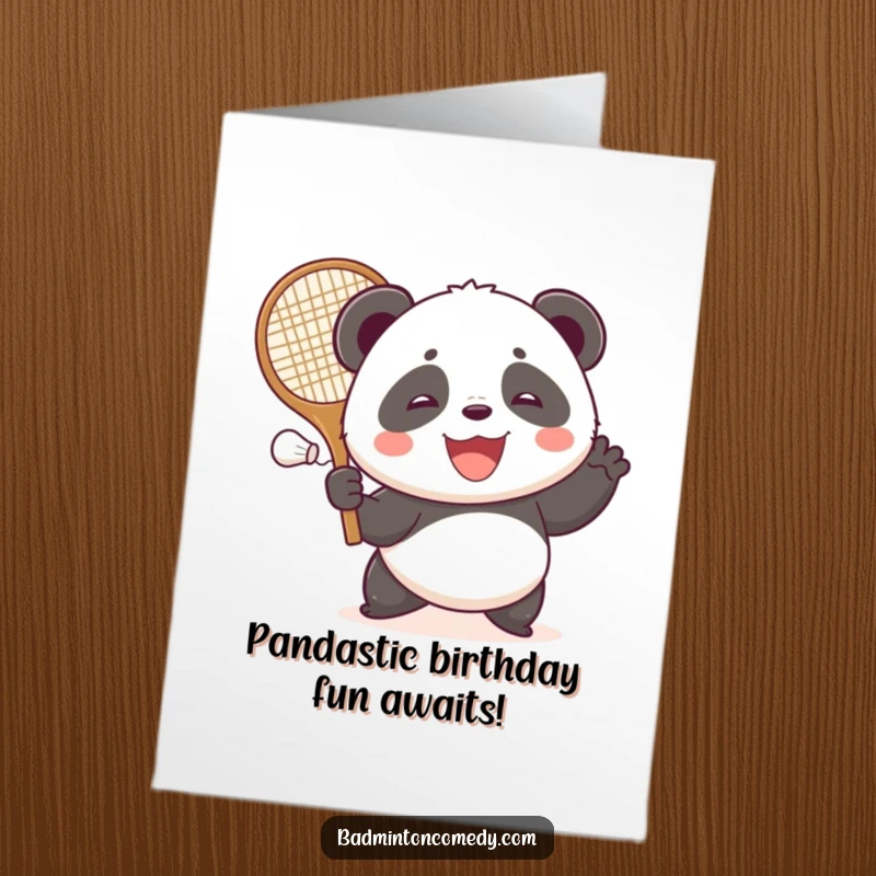 Funny Free Printable Birthday Card: A smiling panda with a huge racket joyfully smashes a shuttlecock in a badminton game.