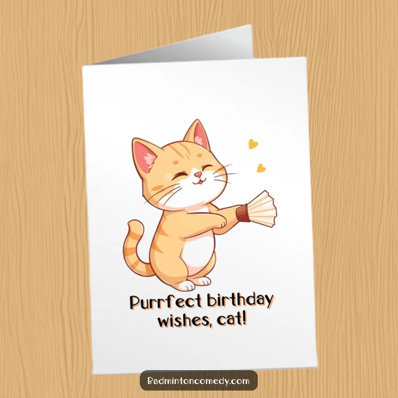 Funny Free Printable Birthday Card: A graceful cat with a playful wink strikes a shuttlecock with a badminton racket.