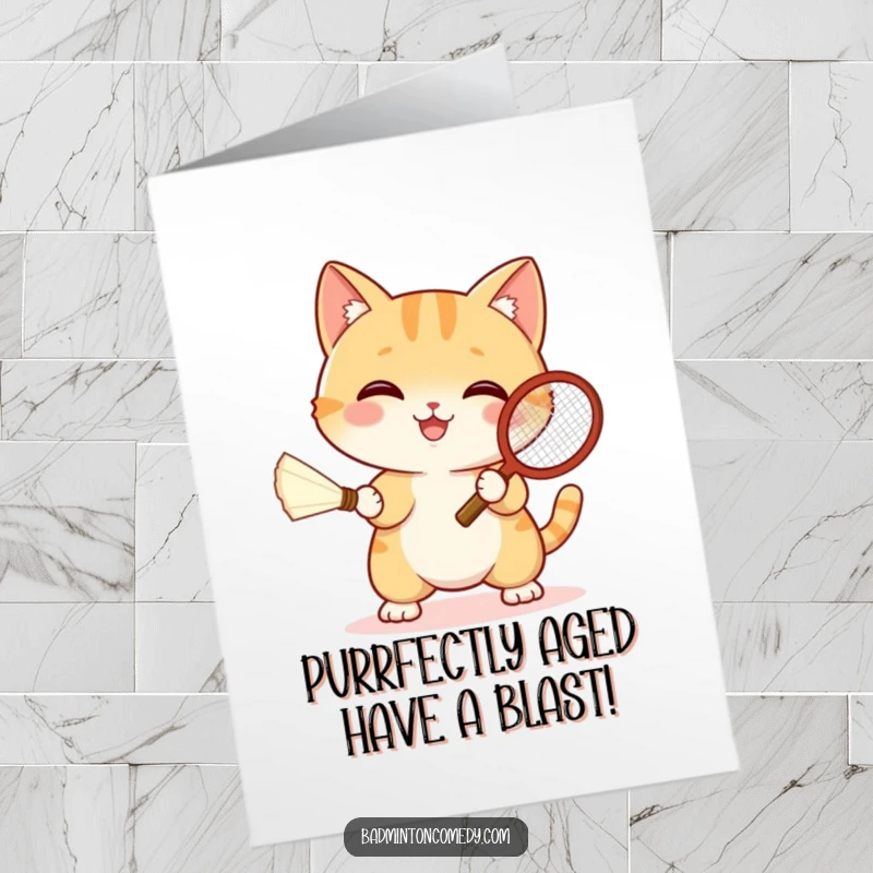 Funny Free Printable Birthday Card: A happy cat in athletic gear joyfully hitting a shuttlecock with a tiny tennis racket.