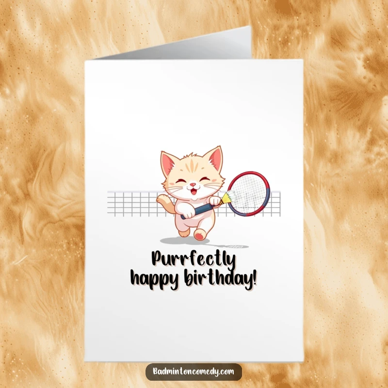Funny Free Printable Birthday Card: Playful kitten batting a shuttlecock, chasing birthday fun with feline grace.