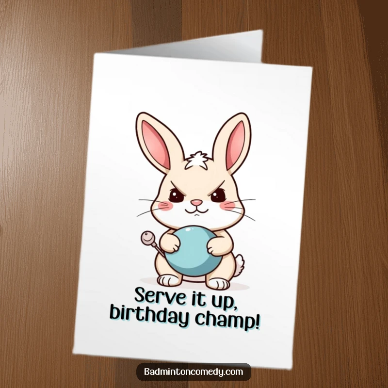 Funny Free Printable Birthday Card: Determined rabbit player ready to smash a tennis serve with a big grin.